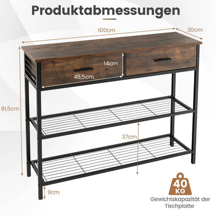 100 cm konsoles galds ar 2 atvilktnēm, 3 līmeņu gaitenīša galds no koka, sānu galdiņš ar metāla rāmi, rustikāli brūnā krāsā