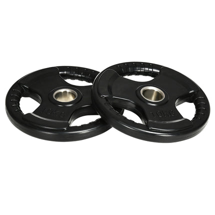 Svaru plākšņu komplekts, 2 gab., Tri-Grip 2 x 10 kg gumijoti olimpiskie diski, grīdai draudzīgi, 5 cm urbums, trīs rokturi, spēka treniņiem
