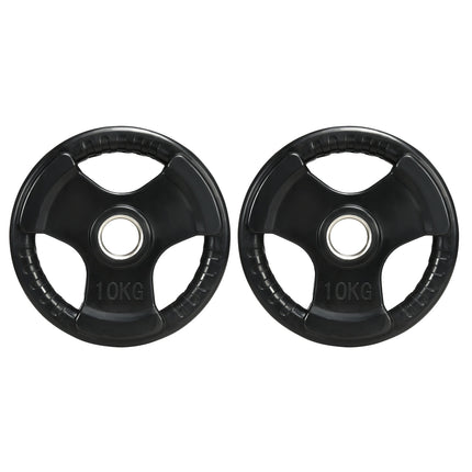 Svaru plākšņu komplekts, 2 gab., Tri-Grip 2 x 10 kg gumijoti olimpiskie diski, grīdai draudzīgi, 5 cm urbums, trīs rokturi, spēka treniņiem