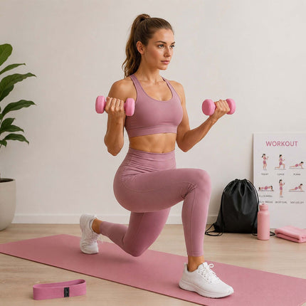 11 daļu Pilates komplekts ar riņķi, bumbu, lentēm un hantelēm