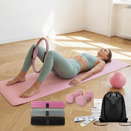 11 daļu Pilates komplekts ar riņķi, bumbu, lentēm un hantelēm