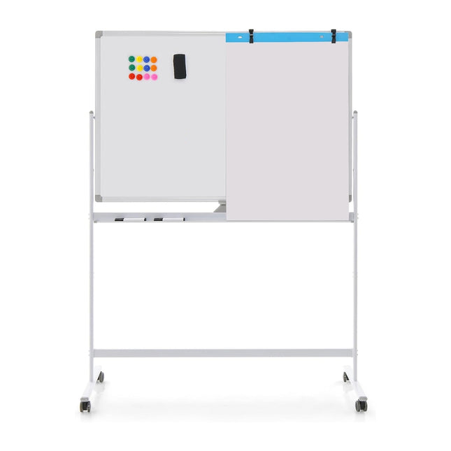 120 x 80 cm divpusēja mobilā baltā tāfele ar regulējamu augstumu, magnētiska tāfele, balta