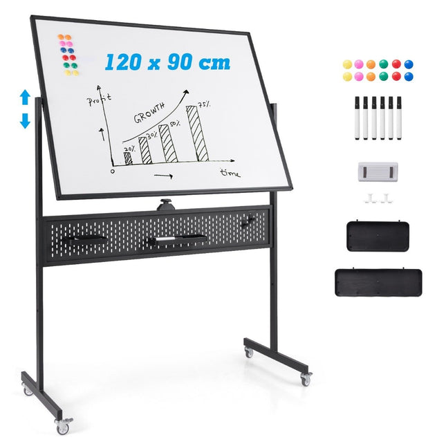 120 x 90 cm divpusēja mobila baltā tāfele ar perforētu dēli, rullīšiem un melnu statīvu