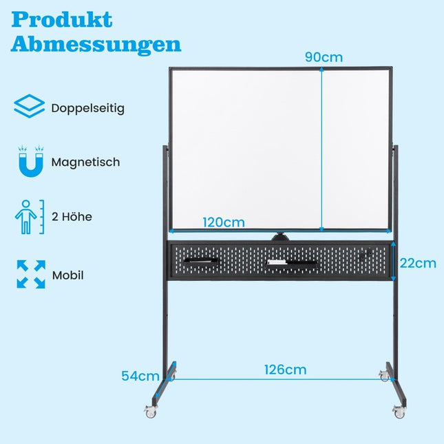 120 x 90 cm divpusēja mobila baltā tāfele ar perforētu dēli, rullīšiem un melnu statīvu