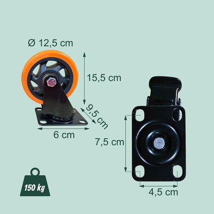125 mm grozāmo riteņu komplekts, tērauds un PVC, 150 kg slodze