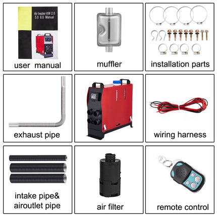 12V Diesel Air Heater 5KW, LCD, Remote, 4 Outlets