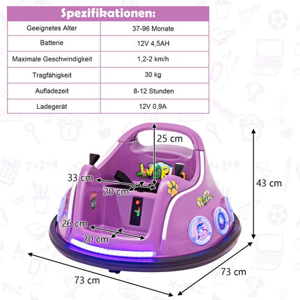 12 V bērnu bufera automašīna, 360 grādu griešanās, mūzika un tālvadības pults, violeta