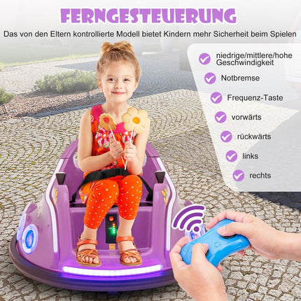 12 V bērnu bufera automašīna, 360 grādu griešanās, mūzika un tālvadības pults, violeta
