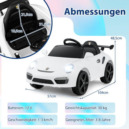 12 V bērnu elektromobilis ar tālvadības pulti, licencēts Porsche, balts