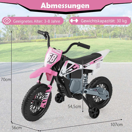 12 V bērnu elektriskais motocikls ar treniņriteņiem, rozā