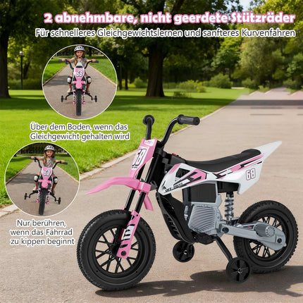 12 V bērnu elektriskais motocikls ar treniņriteņiem, rozā