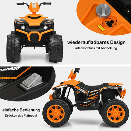 12 V bērnu elektriskais kvadracikls ar gaismām, mūziku un skaņas signālu, oranžs