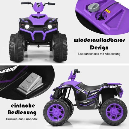 12 V bērnu elektriskais kvadracikls ar mūziku un gaismām, violets