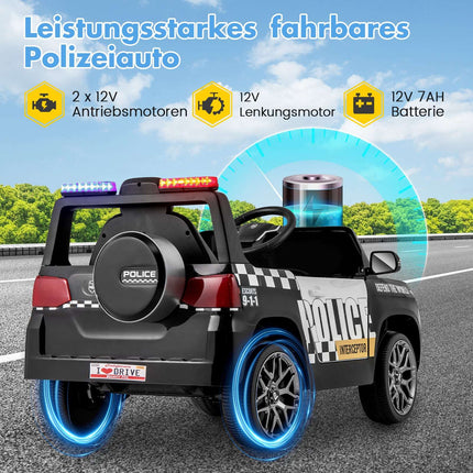 12 V bērnu policijas automašīna ar tālvadības pulti, sirēnu un LED gaismām
