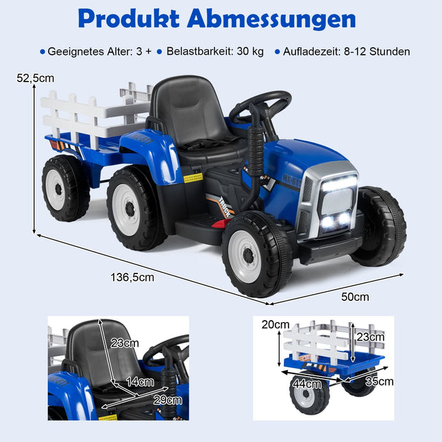12 V bērnu braucamais traktors ar noņemamu piekabi un tālvadības pulti