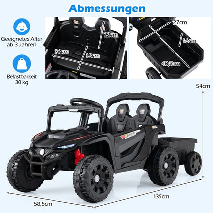 12 V bērnu traktors ar tālvadības pulti un piekabi, melns