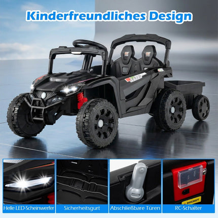 12 V bērnu traktors ar tālvadības pulti un piekabi, melns