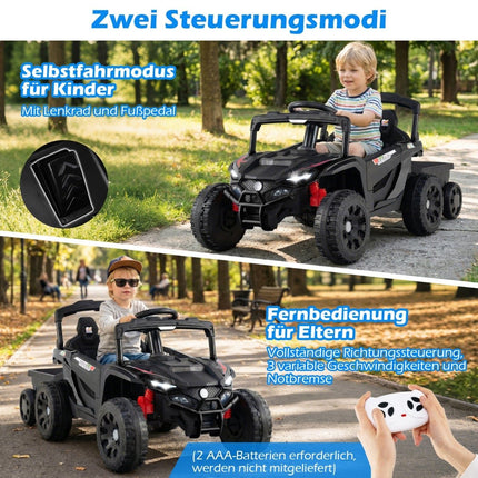 12 V bērnu traktors ar tālvadības pulti un piekabi, melns