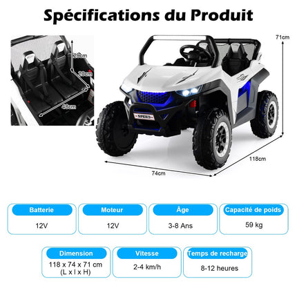 12 V bērnu braucamais UTV, tālvadības pults, 2 sēdvietas, balts