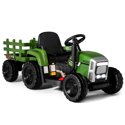 12 V bērnu traktors ar noņemamu piekabi un tālvadības elektrisko rotaļu mašīnu, zaļš