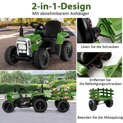 12 V bērnu traktors ar noņemamu piekabi un tālvadības elektrisko rotaļu mašīnu, zaļš