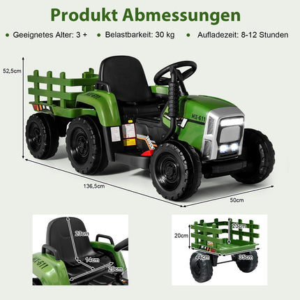 12 V bērnu traktors ar noņemamu piekabi un tālvadības elektrisko rotaļu mašīnu, zaļš