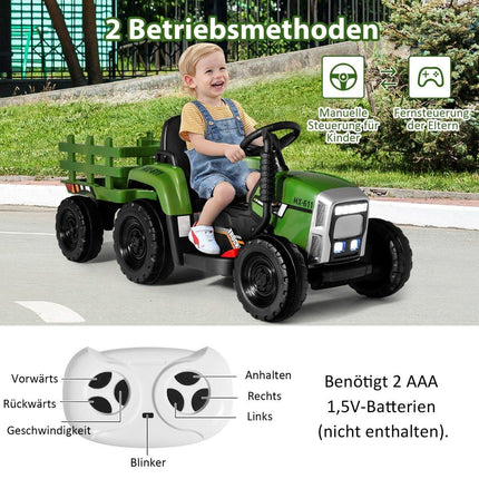 12 V bērnu traktors ar noņemamu piekabi un tālvadības elektrisko rotaļu mašīnu, zaļš