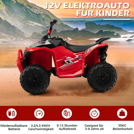 12 V elektriskais bērnu kvadracikls ar ātrumu 2,2/4,3 km/h un skaņas signālu, mūziku un LED gaismām, sarkans elektriskais kvadracikls