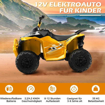 12 V elektriskais bērnu kvadracikls ar ātrumu 2,2/4,3 km/h un skaņas signālu, mūziku un LED gaismām, dzeltens elektriskais kvadracikls