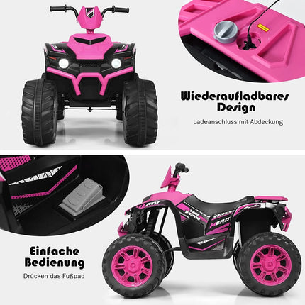 12 V elektriskais bērnu kvadracikls ar priekšējiem lukturiem, mini elektriskais kvadracikls ar mūziku un taures efektu, rozā krāsā