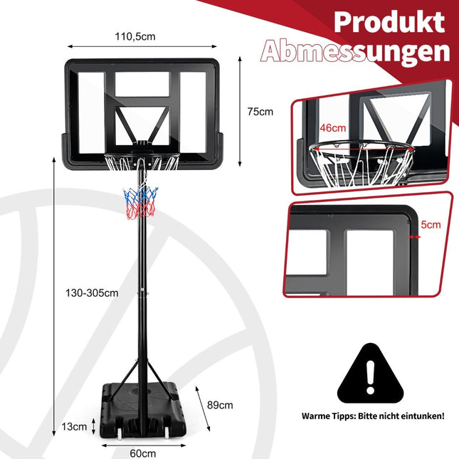 130-305 cm basketbola statīvs ar tīklu un 2 riteņiem, regulējams augstums, melns