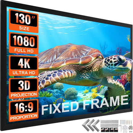 130-Inch Fixed Frame Projection Screen, 16:9 4K, Wall-Mount