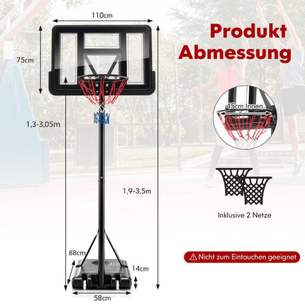 130 cm - 305 cm augstumā regulējams basketbola grozs ar statīvu un 2 riteņu groza statīvu, melns