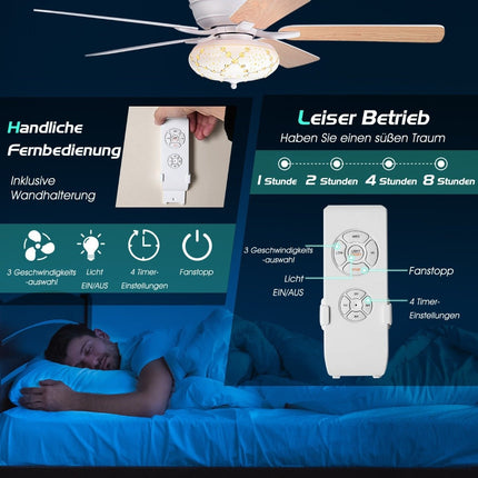132 cm griestu ventilators, koka, ar apgaismojumu, reversīvs ventilators ar lampu, 4 stundu taimeri, balts