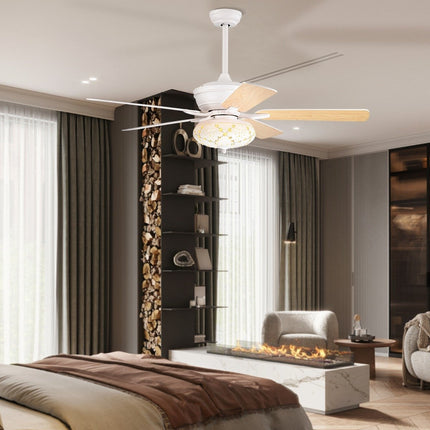 132 cm griestu ventilators, koka, ar apgaismojumu, reversīvs ventilators ar lampu, 4 stundu taimeri, balts