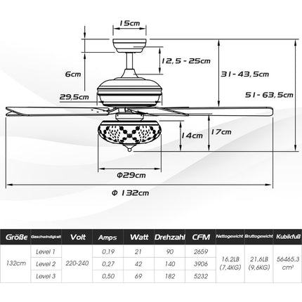 132 cm griestu ventilators, koka, ar apgaismojumu, reversīvs ventilators ar lampu, 4 stundu taimeri, balts