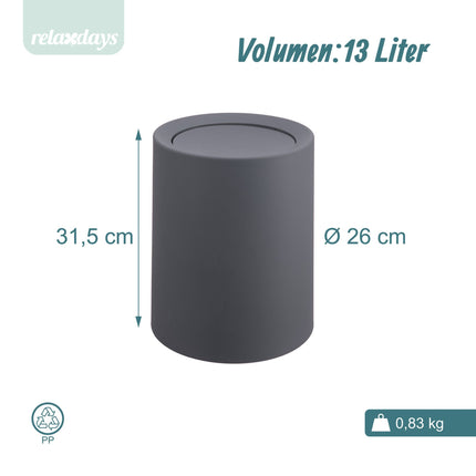 13 litru plastmasas atkritumu tvertne ar grozāmu vāku - vannas istabas/virtuves lietošanai