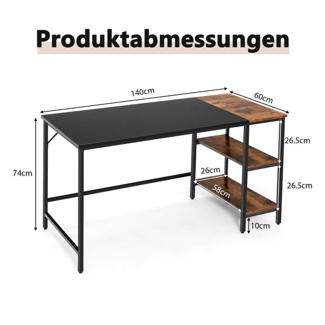 140 cm rakstāmgalds ar plauktiem un savienojuma plāksni, datorgalds, biroja galds, personālais galds, brūns