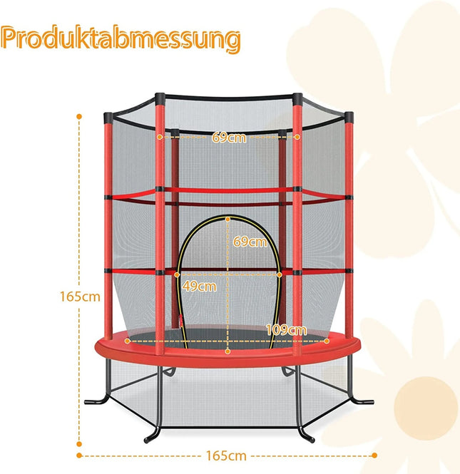 Dārza batuts Ø140 cm ar drošības tīklu, var izturēt svaru līdz 135 kg, paredzēts bērniem no 3 gadu vecuma, sarkans