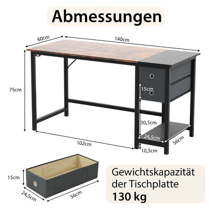 140 cm garš rakstāmgalds ar 2 atvilktnēm, austiņu āķi un uzglabāšanas nodalījumu, datorgalds