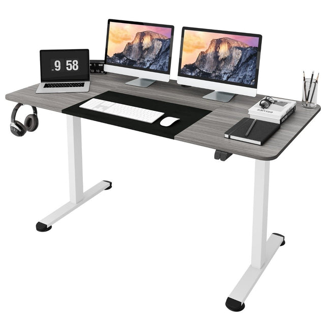 140 x 70 cm elektriski augstumā regulējams rakstāmgalds ar apturēšanas mehānismu un āķiem, tumši pelēks