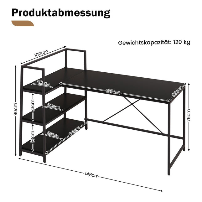 148 cm garš L-veida datorgalds ar atvērtiem plauktiem, vietu taupošs galds modernai darba vietai, melns