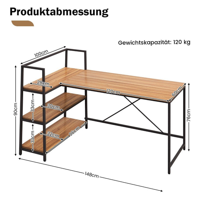 148 cm garš L-veida datorgalds ar atvērtiem plauktiem, vietu taupošs galds modernai darbstacijai, valrieksts