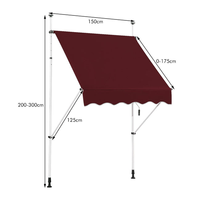 150 cm regulējama balkona markīze, UV izturīga, sarkana