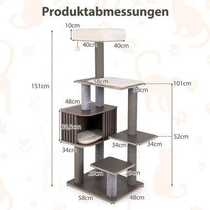 151 cm kaķu māja ar mājiņu, skrāpējamiem stabiem un rotaļlietām