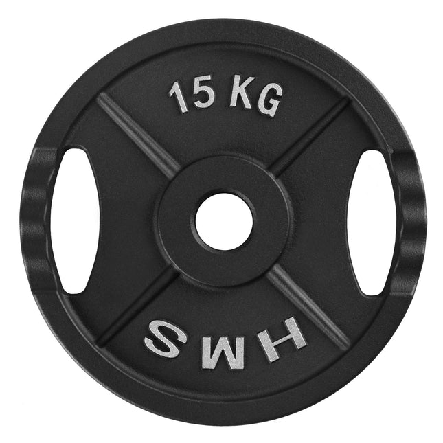 15 kg melns olimpiskais svara disks ar rokturiem