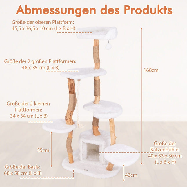 168 cm kaķu māja ar platformām, alu un sizala stabiem