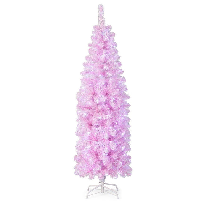 180 cm mākslīgā Ziemassvētku eglīte ar zīmuļa formu un 250 vēsi baltām gaismas diodēm, plāna, rozā Ziemassvētku eglīte