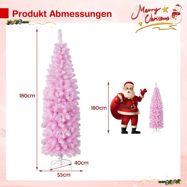 180 cm mākslīgā Ziemassvētku eglīte ar zīmuļa formu un 250 vēsi baltām gaismas diodēm, plāna, rozā Ziemassvētku eglīte
