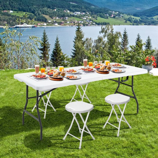 180 cm saliekams plastmasas ēdamgalds – rokturis, metāla kājas